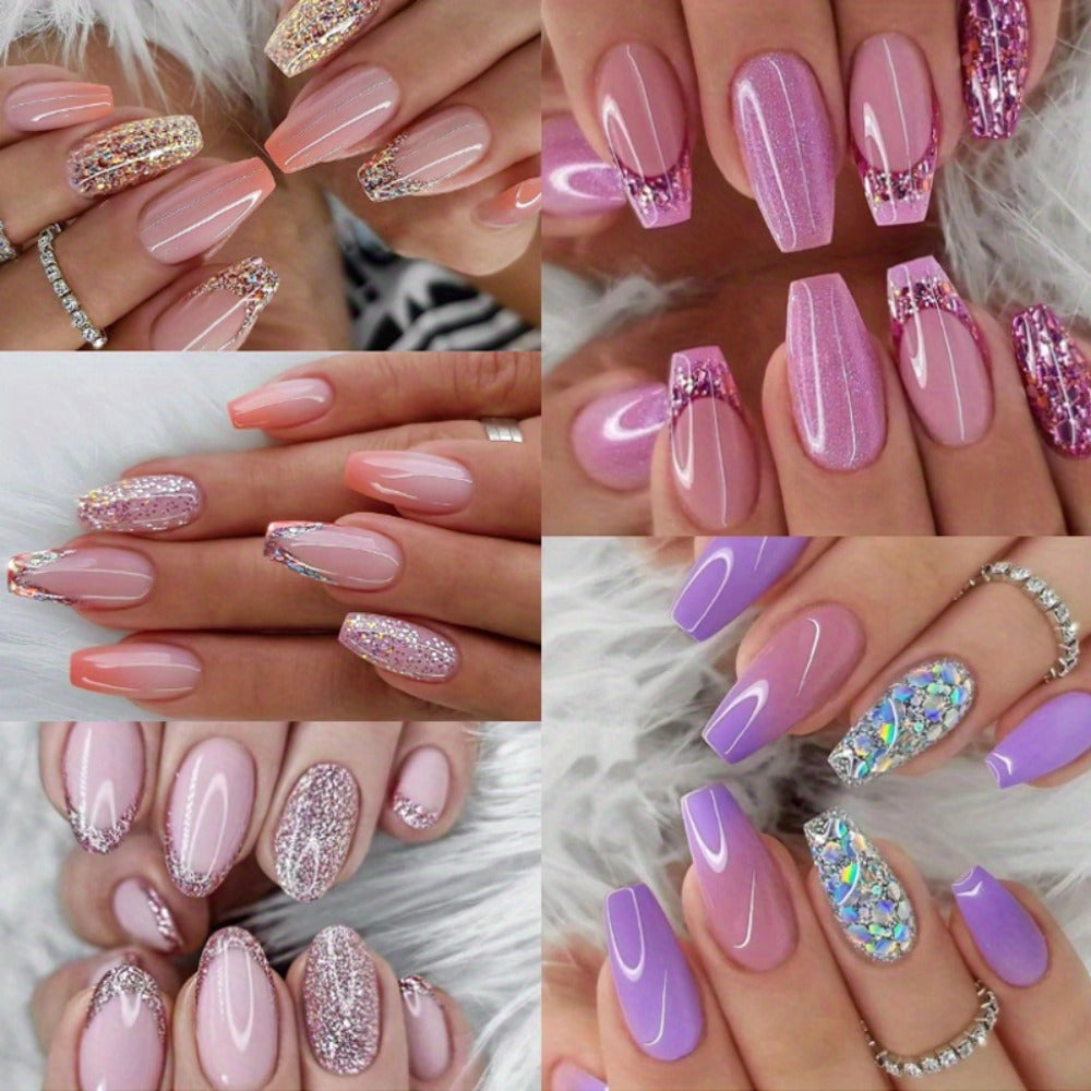 Glitter Sequin Press On Nails 120pcs Coffin Medium Length 5 Packs – Sparkling Pinkish Purple Glossy Full Cover False Nails | Glamorous Nail Art Kit for Women | Party Wedding Bridal - product image 9
