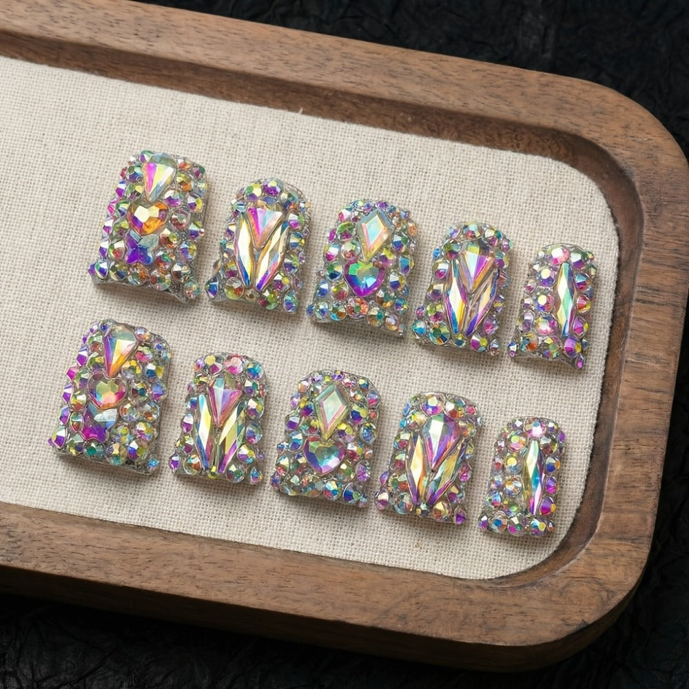 Short Duckbill Press On Nails 10pcs Handmade AB Crystal Colorful Diamond Glossy – Reusable Non-Toxic Salon Quality Spring Summer Nail Art Set with Gel Adhesive Tabs S M L for Women - product image 6