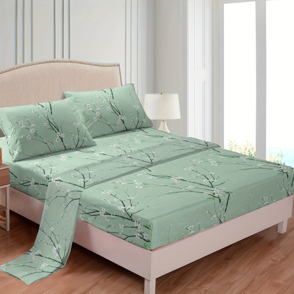 Fitted Sheet Set 4-Piece Plum Blossom Floral Print | Deep Pocket 15" Bed Sheets Twin Full Queen King | Soft Polyester Bedding Set with 2 Pillowcases, All-Season Machine Washable - product image 5