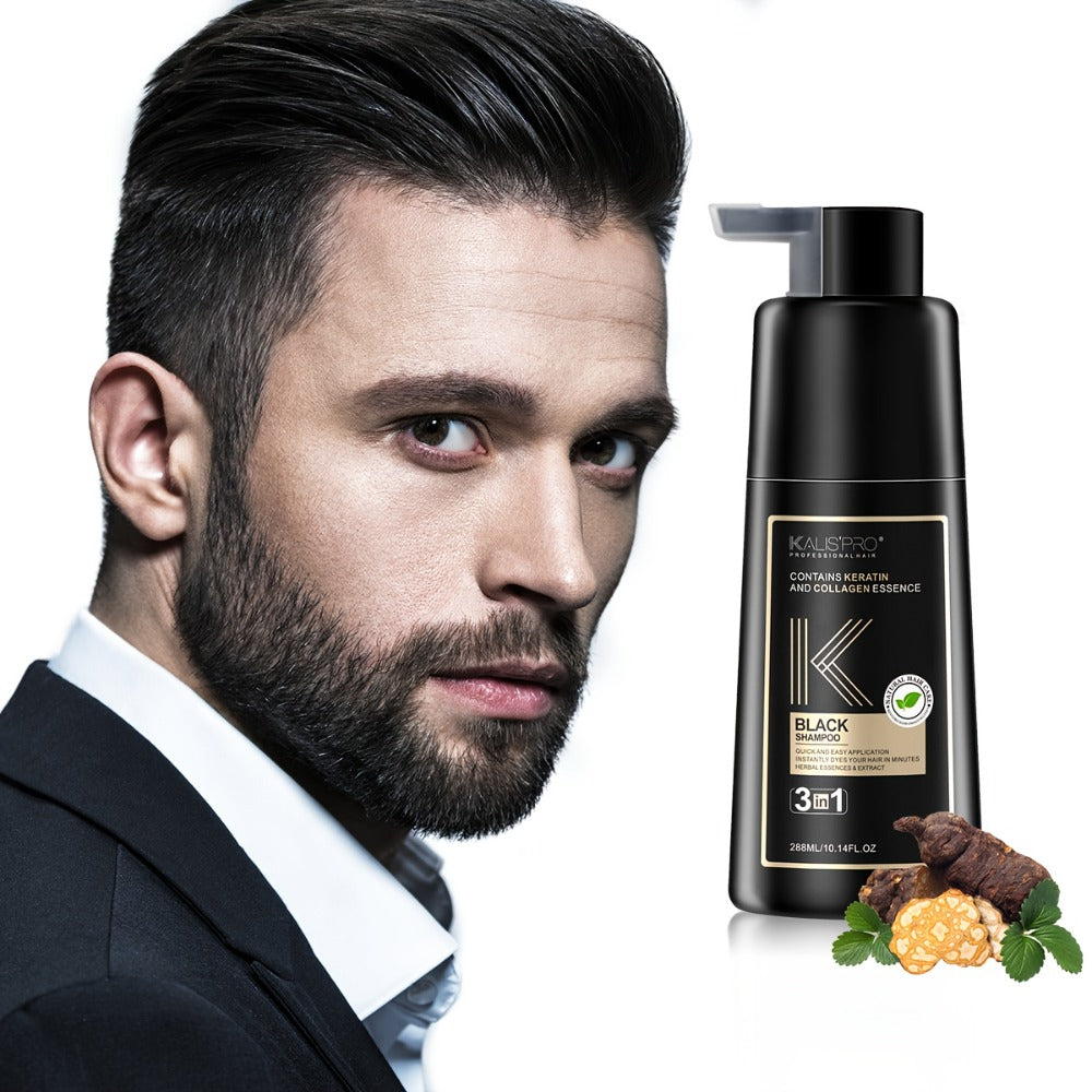 Men's 3-in-1 Black Hair & Beard Dye Shampoo — 8-Minute Gray Coverage, Ammonia-Free Long-Lasting Natural Color, Shampoo + Hair Dye + Beard Dye in One Step, All Hair Types, 10 oz, 1  - product image