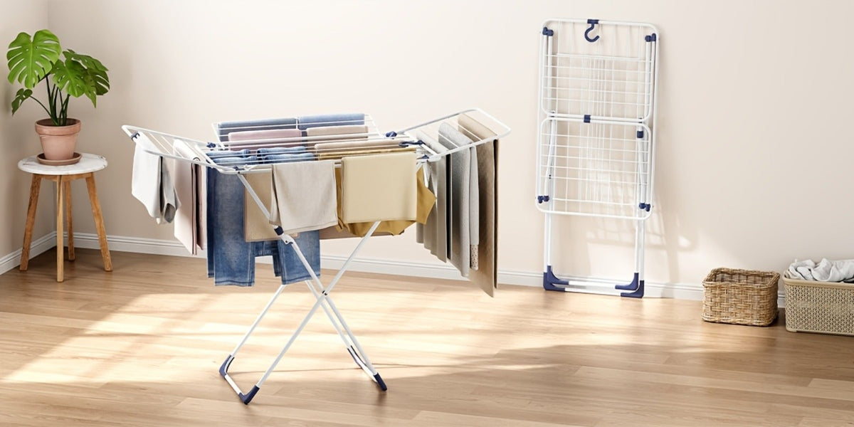 Clothes Drying Rack Foldable 4-Wing Large Capacity Metal Laundry Rack Free Standing Indoor Outdoor Space Saving Airer 55x38 In - product image 9