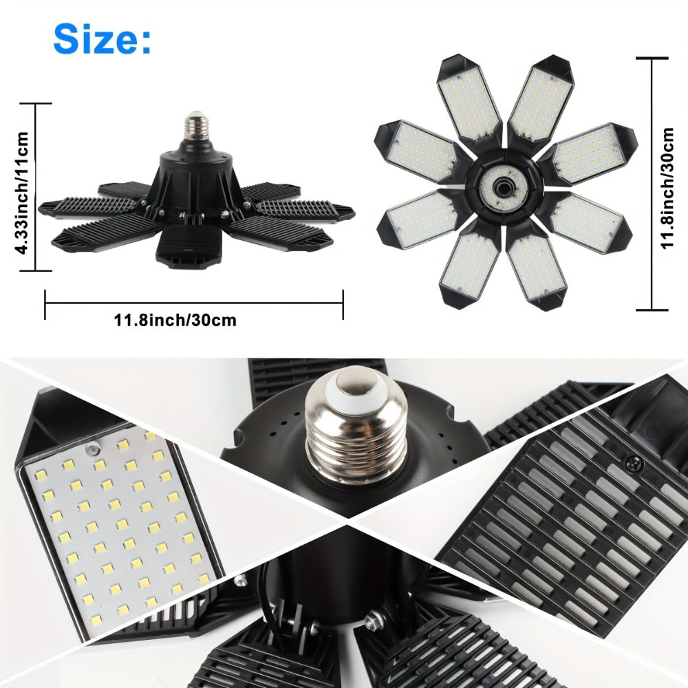 LED Garage Lights 25000LM Deformable – 250W Equivalent E26/E27 Screw-In Ceiling Shop Light with 6+1 / 8+1 Adjustable Panels for Garage, Basement, Attic & Warehouse (1, 2 or 4-Pack) - product image 4