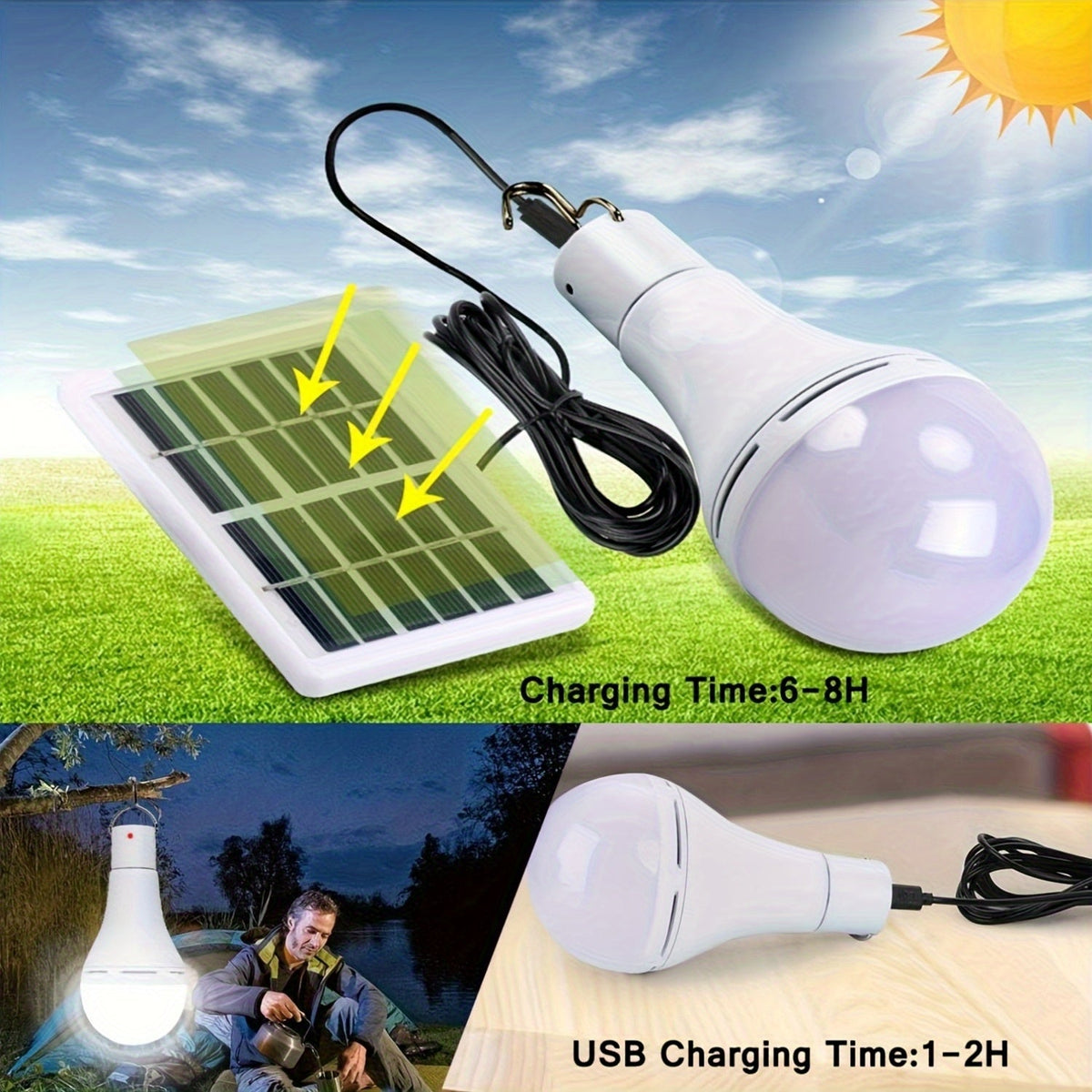 Solar Light Bulbs 2 Pack Campsite Outdoor | Shed, Chicken Coop, Emergency & Camping Light | Remote Control Timer, 4 Modes 300LM, Light Sensor Auto On/Off, Solar & USB Rechargeable