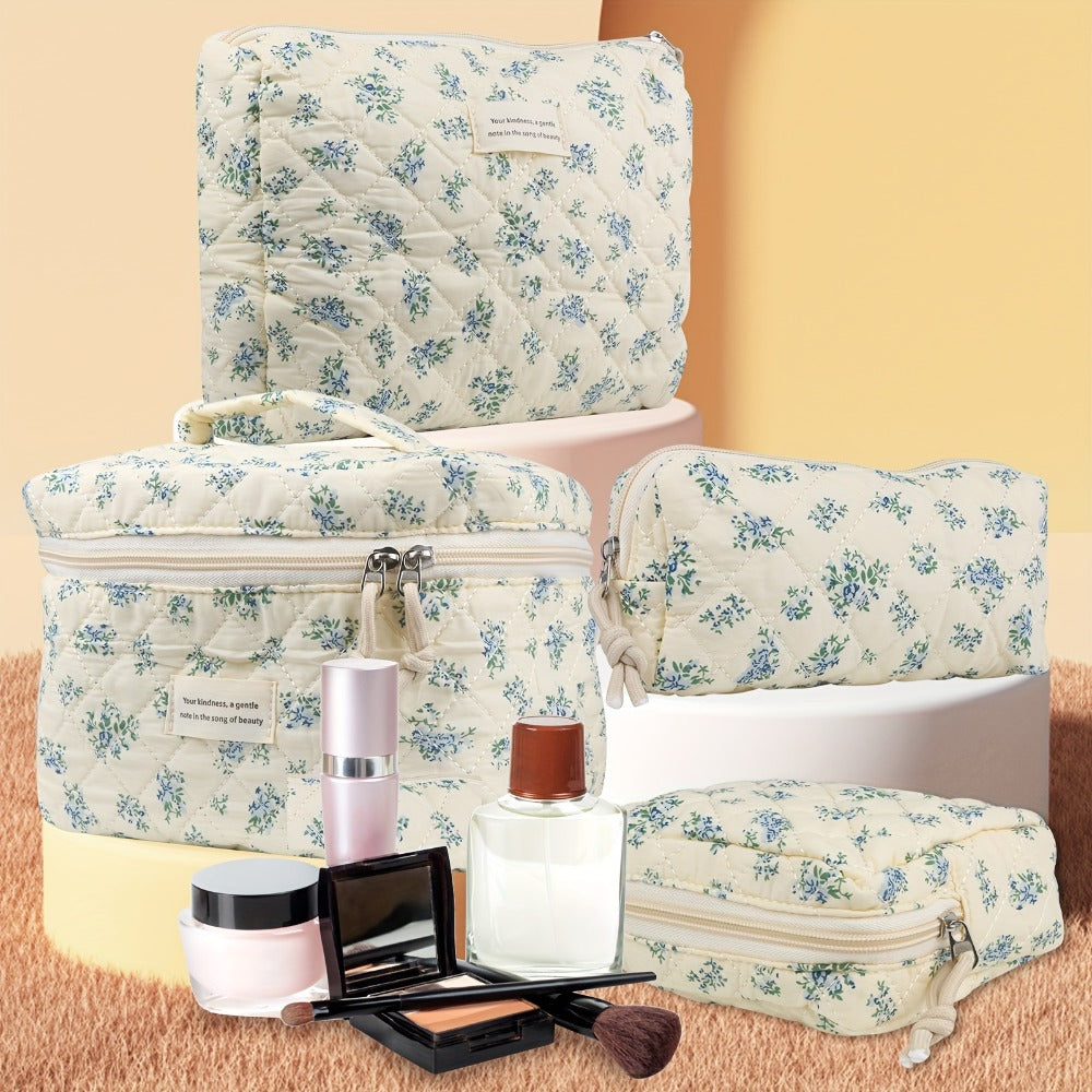 Quilted Makeup Bag Set 4-Piece Floral Rose Coquette Aesthetic Premium Cotton Cosmetic Organizer Travel Toiletry Pouch 4 Sizes for Women Girls Vanity Bathroom Gift - product image 14