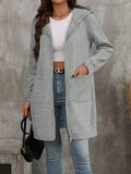 Women's Chic Light Gray Long Hoodie with Kangaroo Pocket, Zipper & Drawstring - Casual Polyester Warm Jacket, Machine Washable for Fall/Winter, Jacket Hoodie - product image