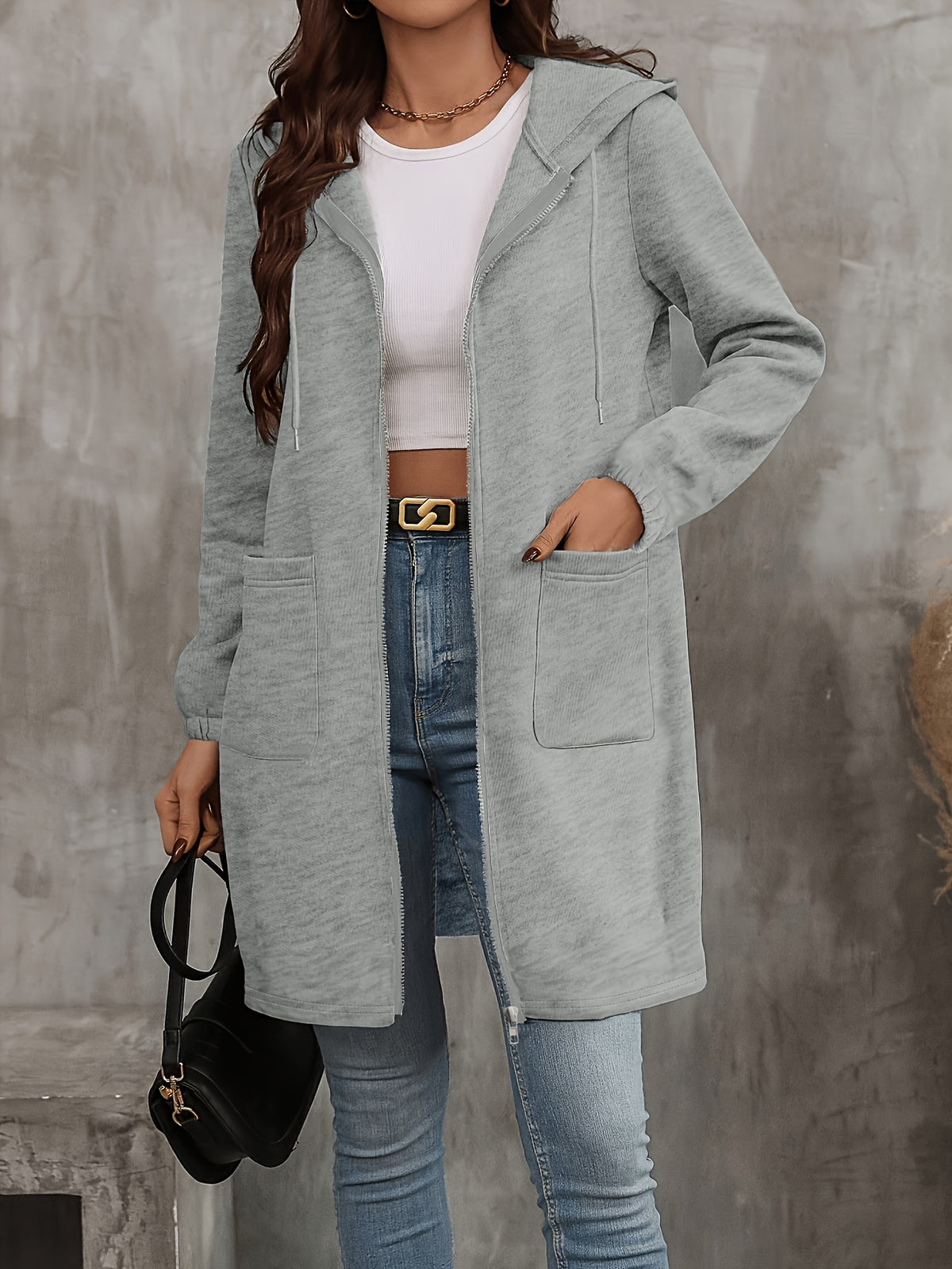 Women's Chic Light Gray Long Hoodie with Kangaroo Pocket, Zipper & Drawstring - Casual Polyester Warm Jacket, Machine Washable for Fall/Winter, Jacket Hoodie - product image