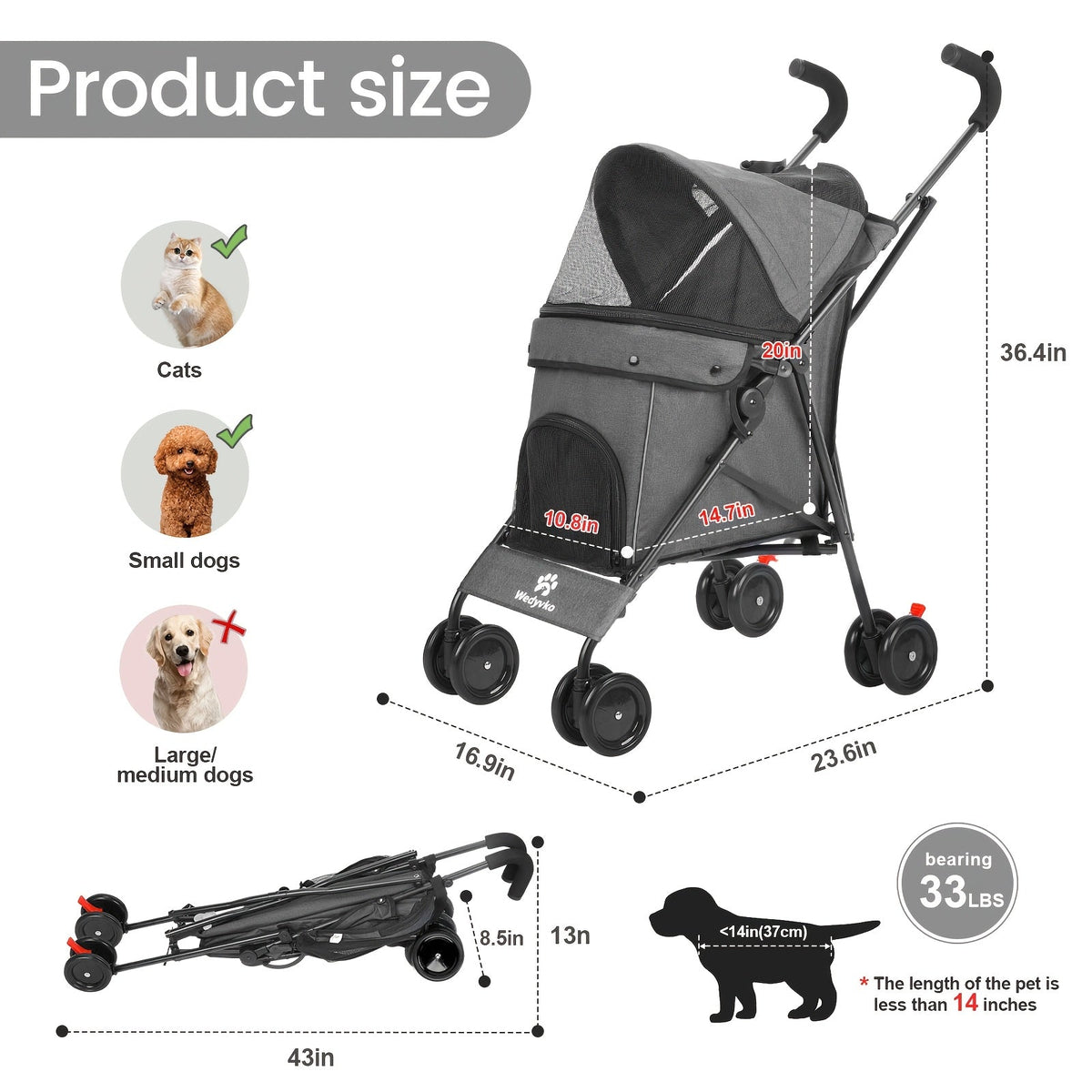 Collapsible Travel Dog Stroller, Portable Puppy Cat Pram with 4 Wheels, Canopy & Storage Basket, Featherlight Jogger Stroller for Pets Up to 33 lbs, 5 Colors - product image 2