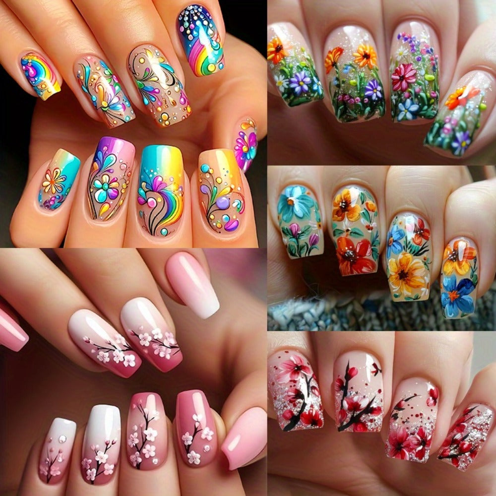 Floral Press On Nails 120 Pieces 5 Packs – Glossy Spring Summer False Nails Medium Square Full Cover Fake Nails with Striped & Mixed Color Designs | Removable Nail Art Set for Wome - product image