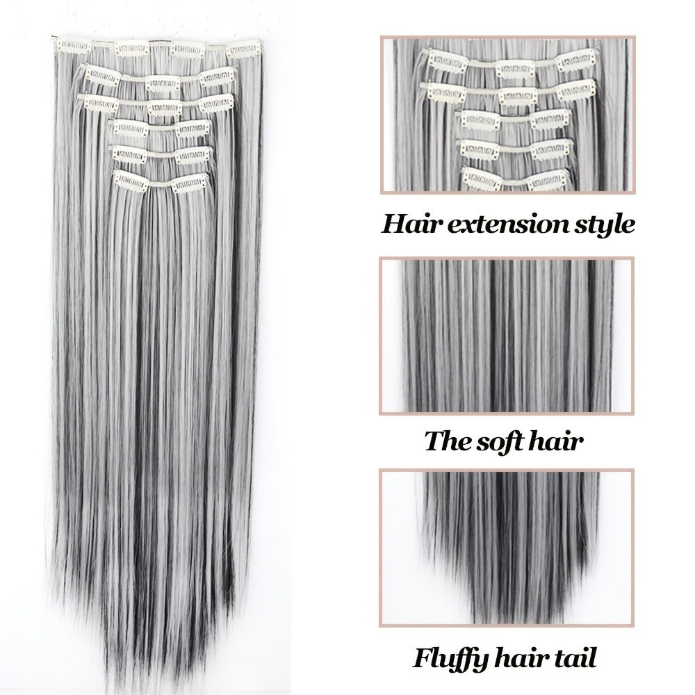 Clip In Hair Extensions Synthetic 6pcs 24 Inch Black Gray Heat Resistant Volume Boosting Hairpiece for Women Daily Wear Halloween Costume Party Cosplay - product image 7