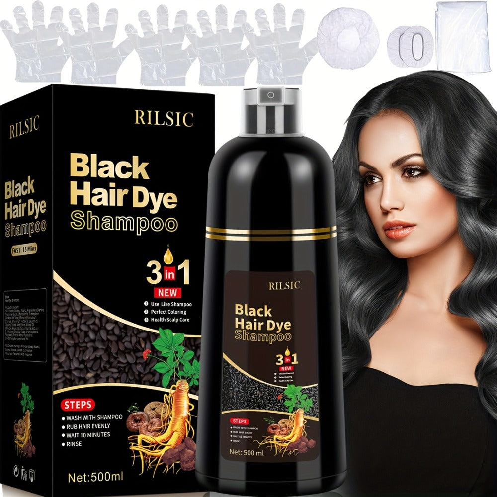 Hair Dye Shampoo 16.91oz (500ml) — 3-in-1 Herbal Formula with Plant Squalane for Instant Gray Coverage, Deep Conditioning & Everyday Cleansing | Fluffy Smooth Finish | Men & Women  - product image