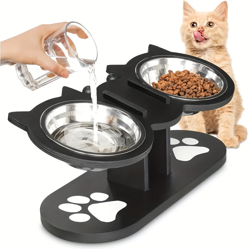 Adjustable Height Stainless Steel Raised Feeder with Anti-Spill Black Wooden Base, Indoor Food & Water Dish for Cats & Small Dogs – Elevated Cat Bowl - product image 2