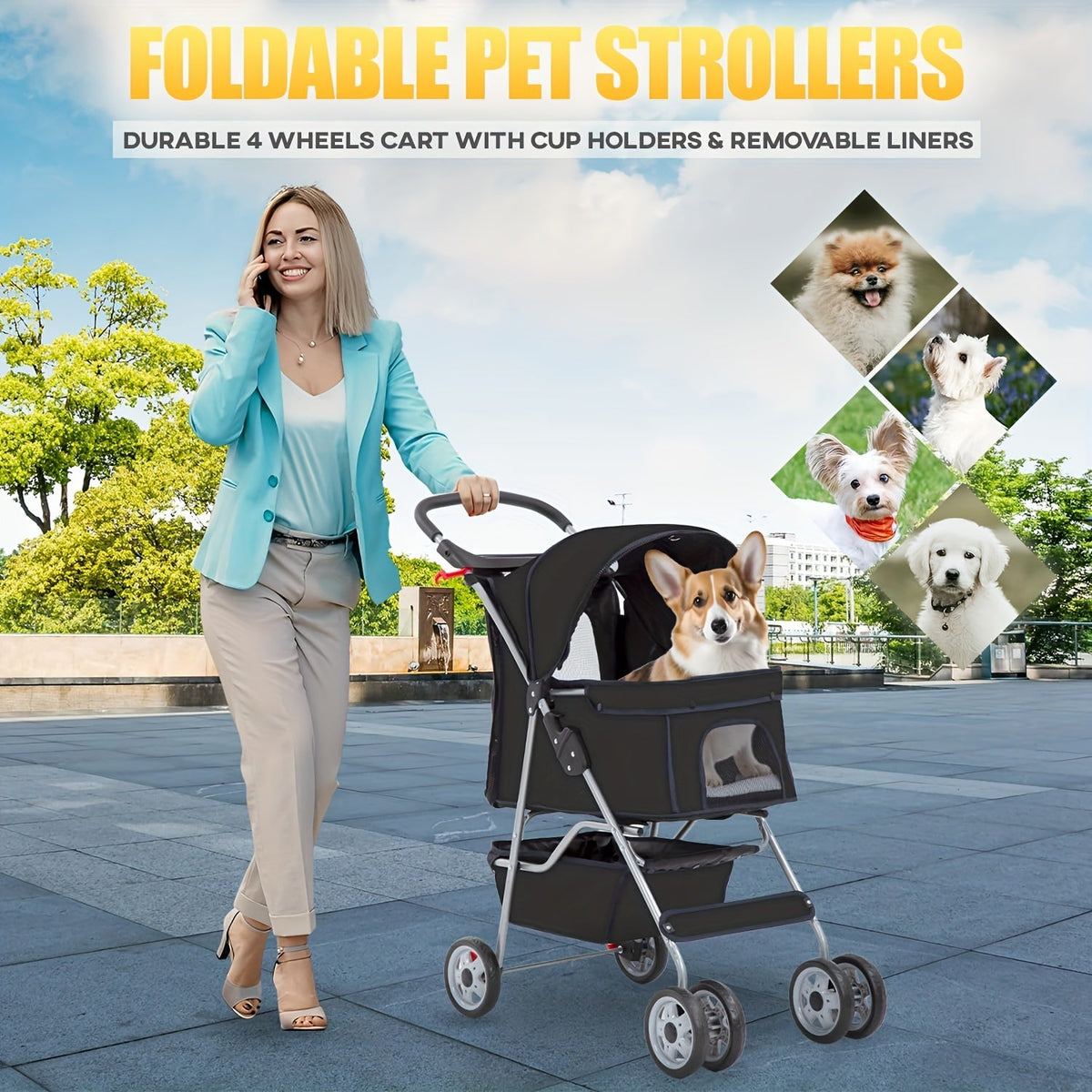 4-Wheel Pet Stroller with Cup Holder & Storage Basket – Carry-along Breathable Cat Dog Stroller, Smooth-Rolling Outdoor Pram for Small Medium Pets, Collapsible - product image 2
