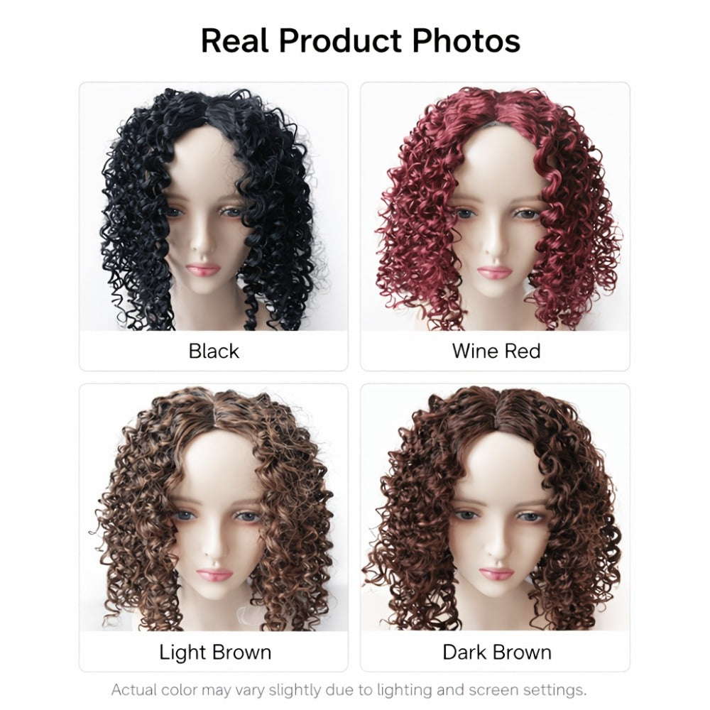 Glueless Deep Wave Curly Bob Wig with Rose Net Cap 14 Inch No Glue Secure Fit Short Curly Synthetic Wig for Women Burgundy Golden Dark Brown Light Brown - product image 9