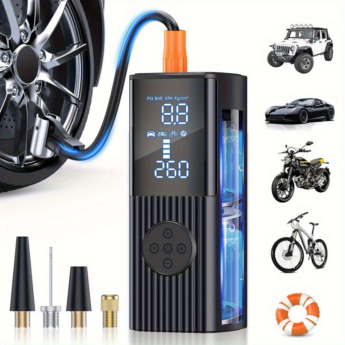 Portable Tire Inflator with Digital Pressure Gauge, Car Tire Pump, 210 PSI, 22 Cylinders, Rechargeable Battery, LED Light, Cordless Air Pump, Wireless Bicycle - product image