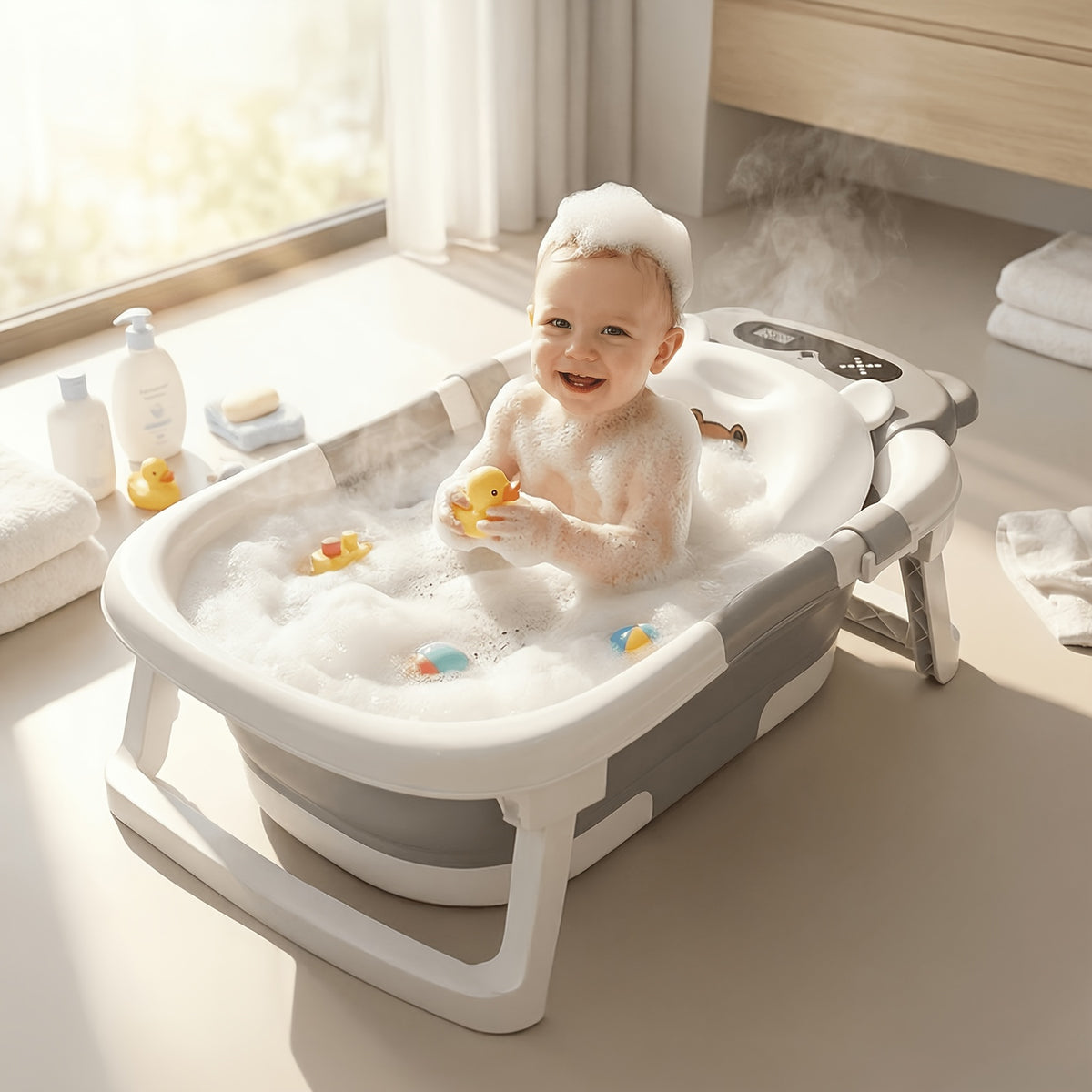 Collapsible Baby Bathtub Suitable for Newborn to Toddler, Portable Travel Bath Tub with Soft Cushion & No-Slip Hanging Base, Detachable, Infant Bath for - product image