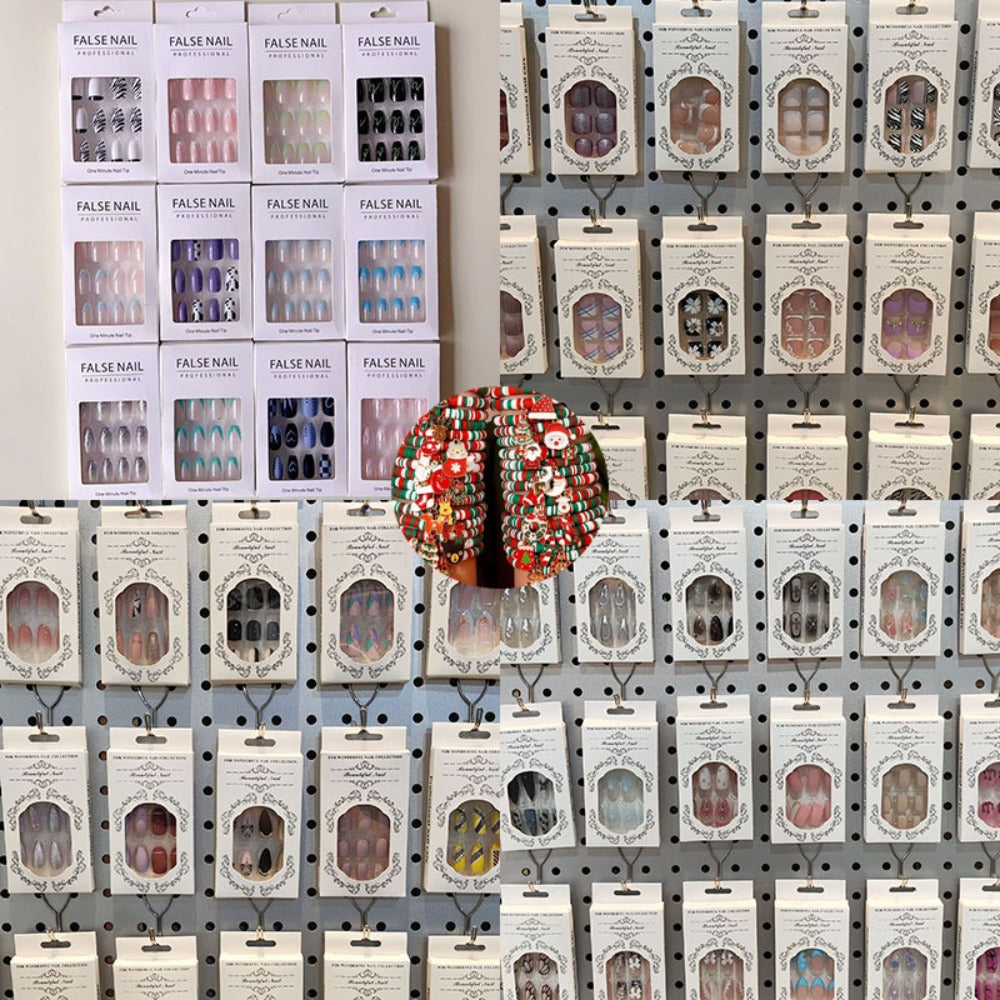 Rhinestone Press On Nails 216 Pieces 9 Sets Random Mixed Color – Glossy Full Cover Middle Length False Nails for Women Girls | Glamorous Holiday Christmas Party Nail Art Kit - product image 3