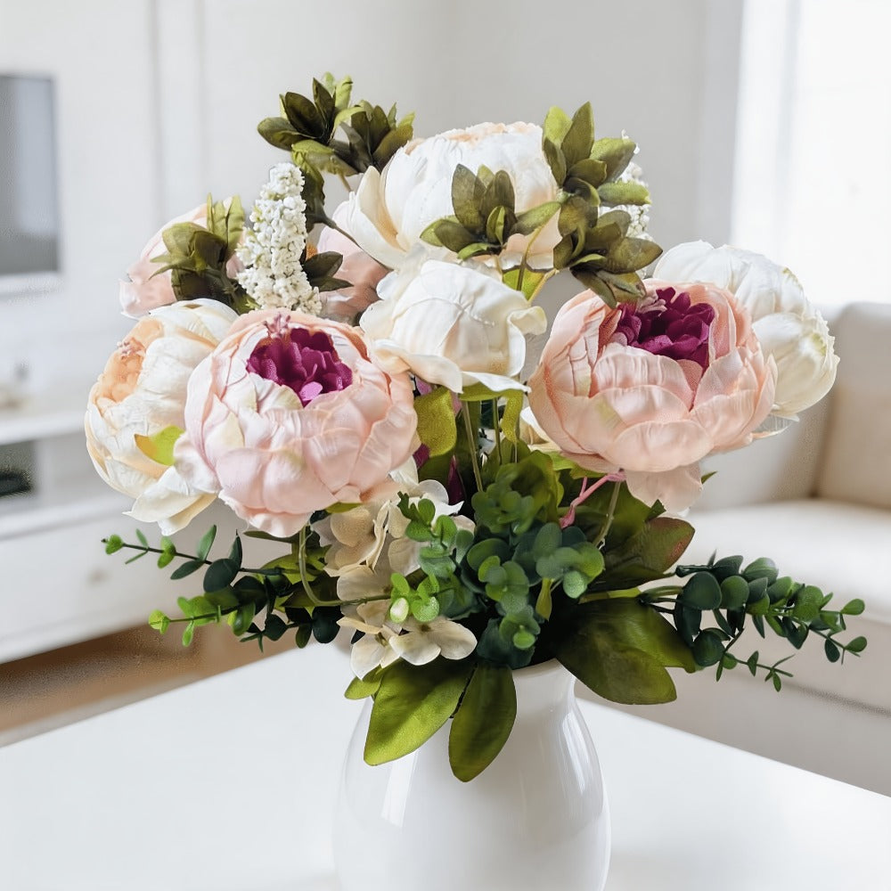 Faux Peonies Hydrangeas Artificial Flowers Vintage Silk Bouquet - Pink Green Mix Floral Centerpiece for Bridal Wedding Home Table Decor Rustic Farmhouse Arrangement - product image 6
