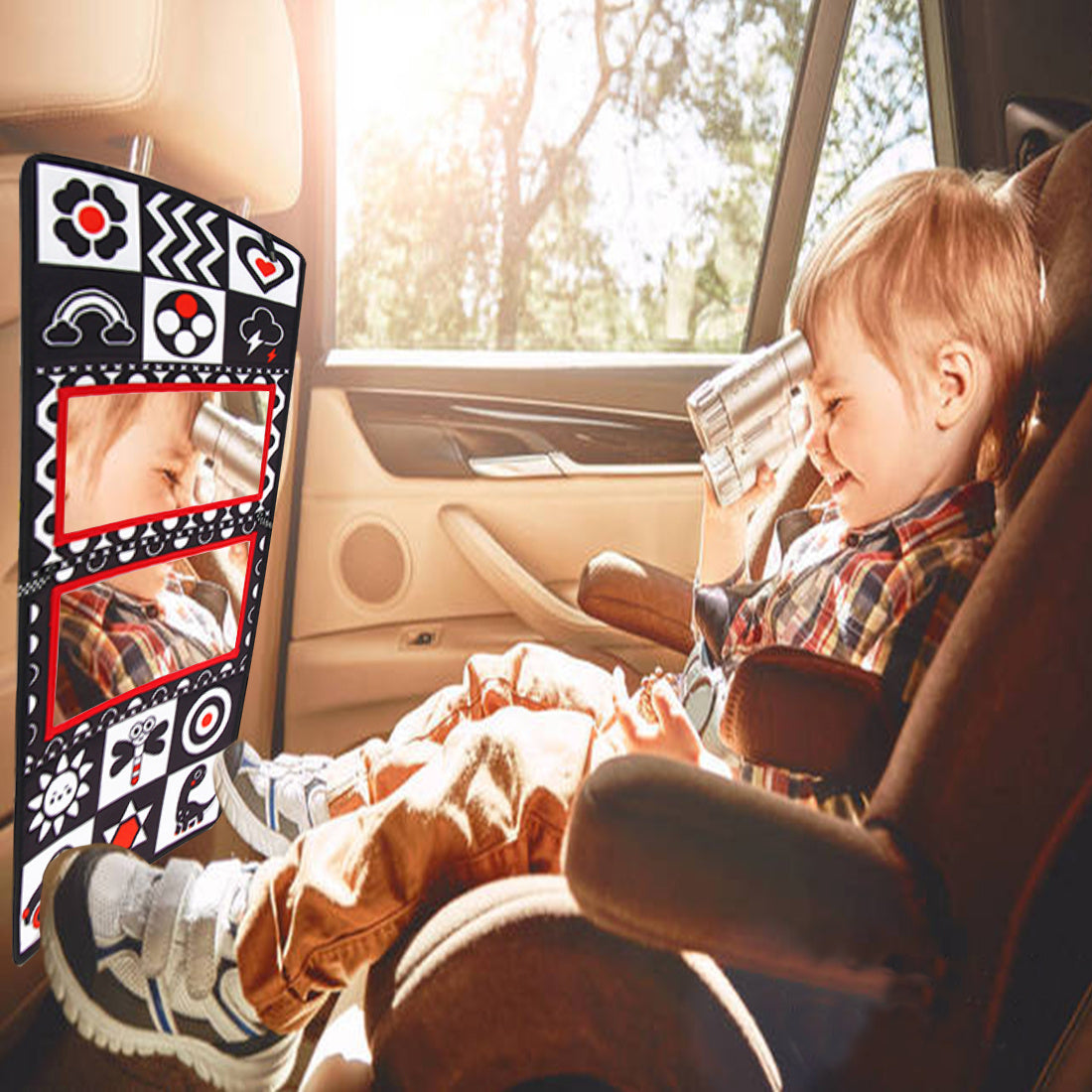 Double-Sided Tummy Time Floor Mirror with Teethers - Black & White High Contrast Baby Toys for Sensory Development, Crawling Aid with Interactive Animal & Geometric Patterns