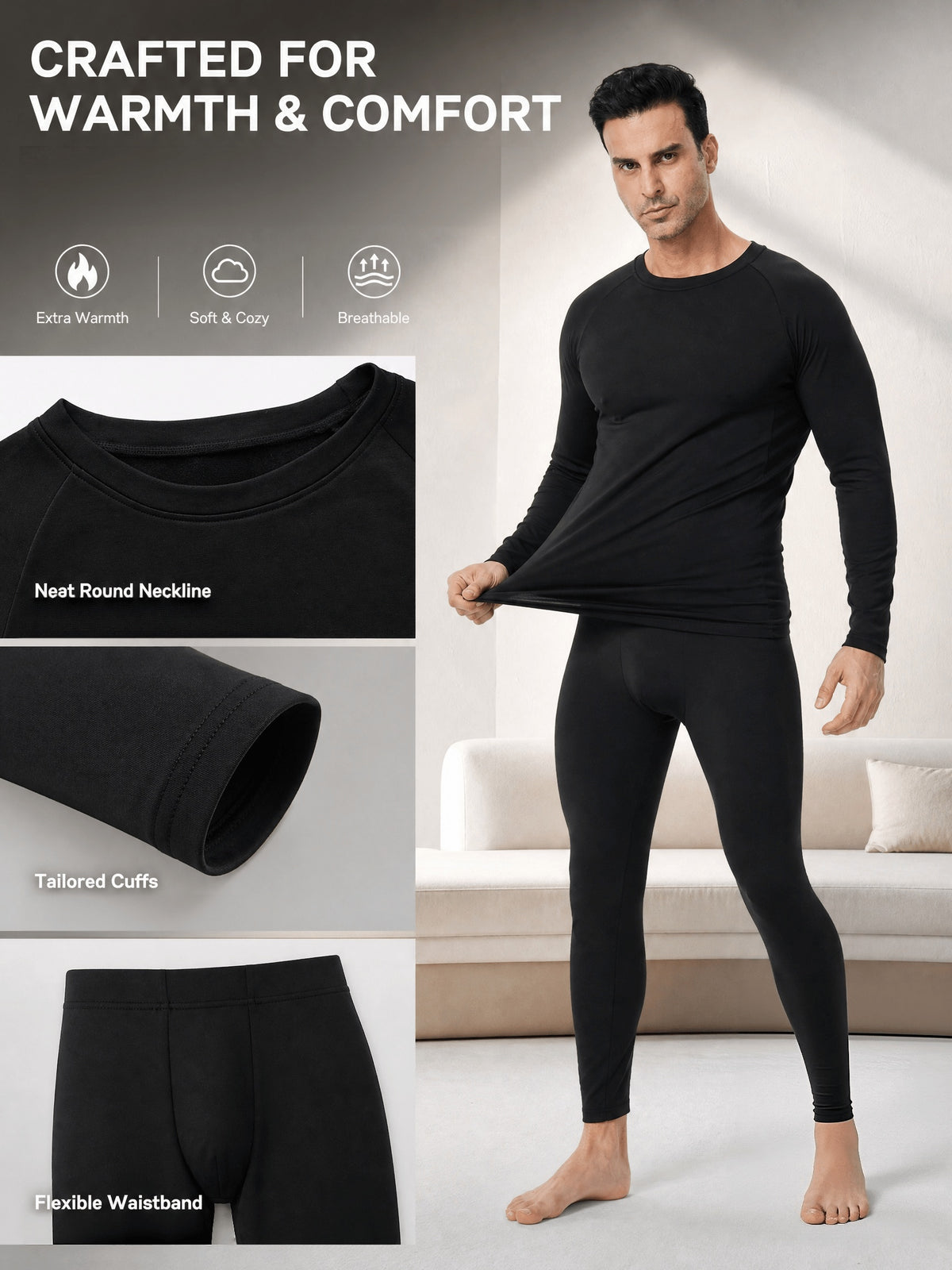 Christmas 4pcs Men's Thermal Underwear Set Fitness, Sports & Casual Outfit, Men's Lined Long Sleeve Base Layer Winter Fitness Top, Quick Dry Running Trousers - product image 4