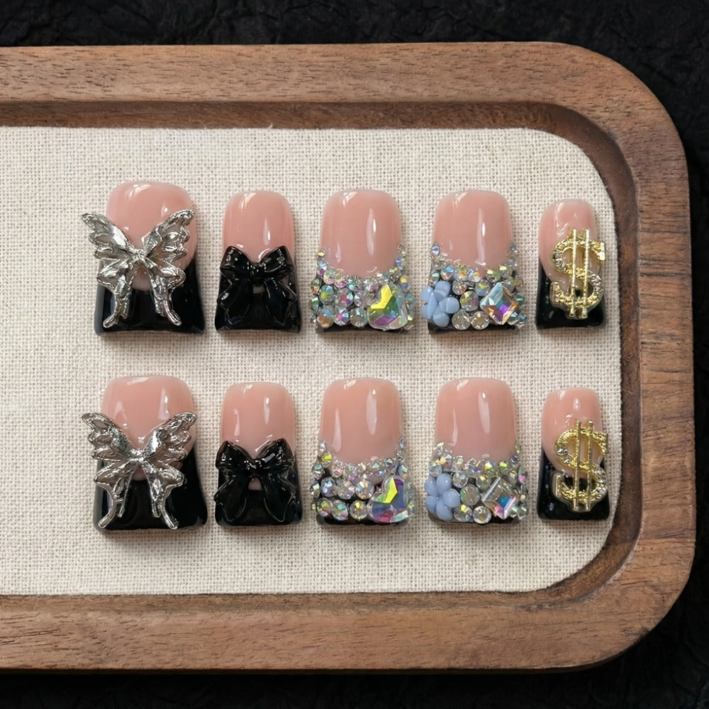 Black Nude Duckbill Press On Nails Medium Length – Glitter AB Rhinestone & Liquid Metal Butterfly Colorblock Handcrafted Acrylic Nail Set for Parties, Date Night & Daily Wear, 10pc - product image 3