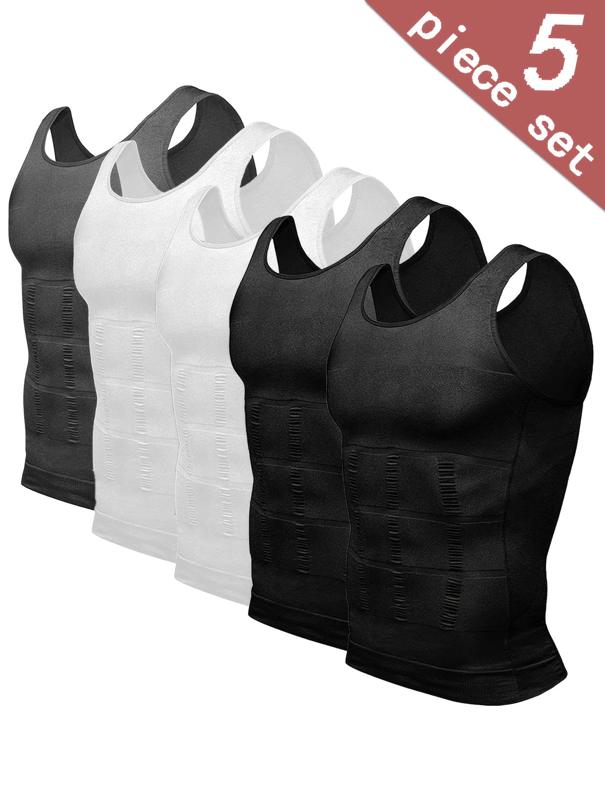 5-Pack Men's Compression Shirts - Tummy Control Waist Trainer Vest, Sleeveless Body Shaper with Neoprene Filler, Medium Stretch Athletic Base Layer for Workout - product image 7