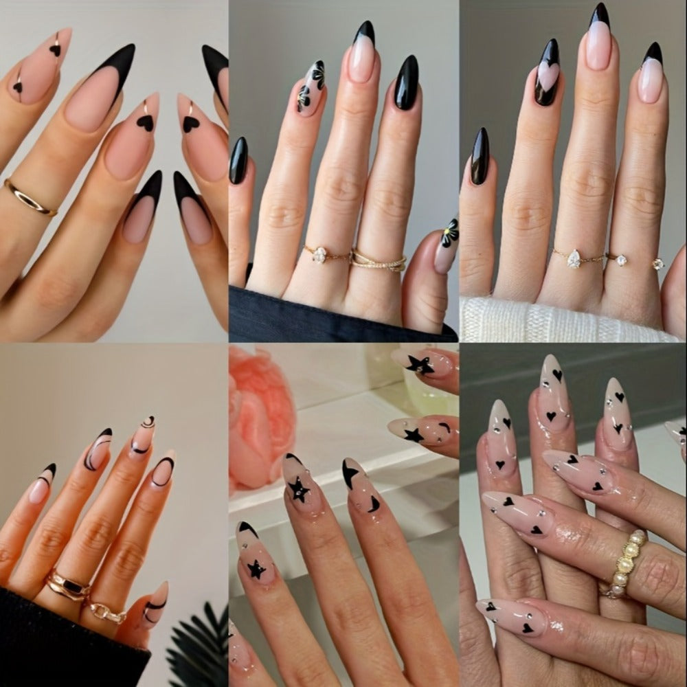 Short Almond Press On Nails 144 Pieces with Glue Pink Flower Rhinestone Black French Tip Full Cover Fake Nails Cute Nail Art Kit for Women Girls Daily Wear Party Wedding Date Night - product image 3