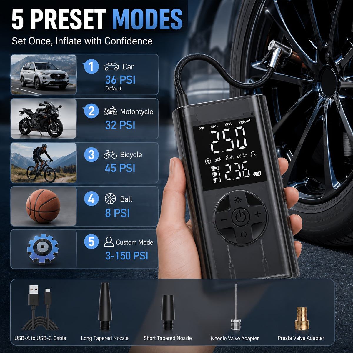 Portable Tire Inflator with Digital Pressure Gauge, Portable Air Compressor, 150PSI/210 PSI, 22 Cylinders, Built-In 12V Car Emergency Jump Starter and Battery - product image 12