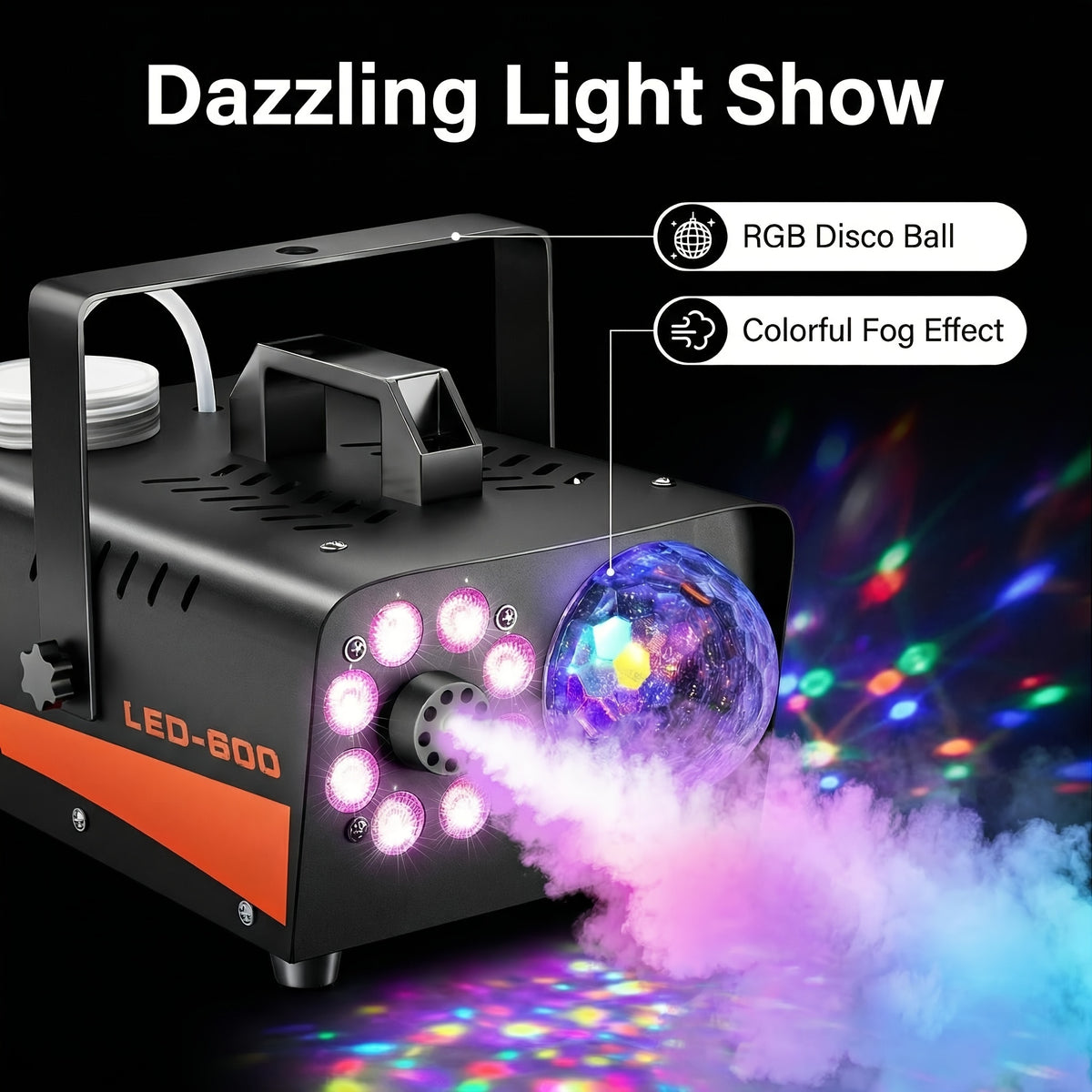 Smoke Machine, Fog Machine with Disco Ball Lights, 600W and 3000CFM with 13 Colorful LED Lights Effect, Wireless Remote Control, Suitable for Parties - product image 9