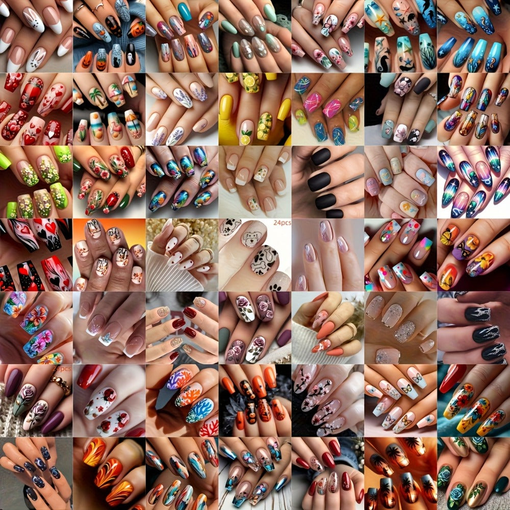 Rhinestone Press On Nails 216 Pieces 9 Sets Random Mixed Color – Glossy Full Cover Middle Length False Nails for Women Girls | Glamorous Holiday Christmas Party Nail Art Kit - product image 9