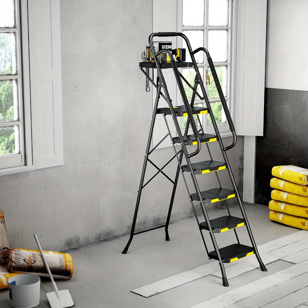 6 Step Ladder with Handrails & Tool Platform 800 LBS – Folding Step Stool Wide Pedal Steel Safety Ladder for Adults, Painting, Home, Garage & Outdoor Use – Auto Safety Lock, Compac - product image 2