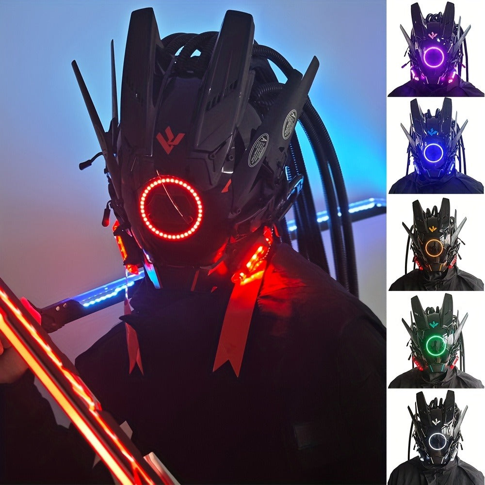 Futuristic Sci-Fi Mechanical Face Mask for Halloween, Cosplay, Music Festival & Rave Party, Blue Green Pink, Free Helmet Included, Adult Gift – LED Cyberpunk - product image