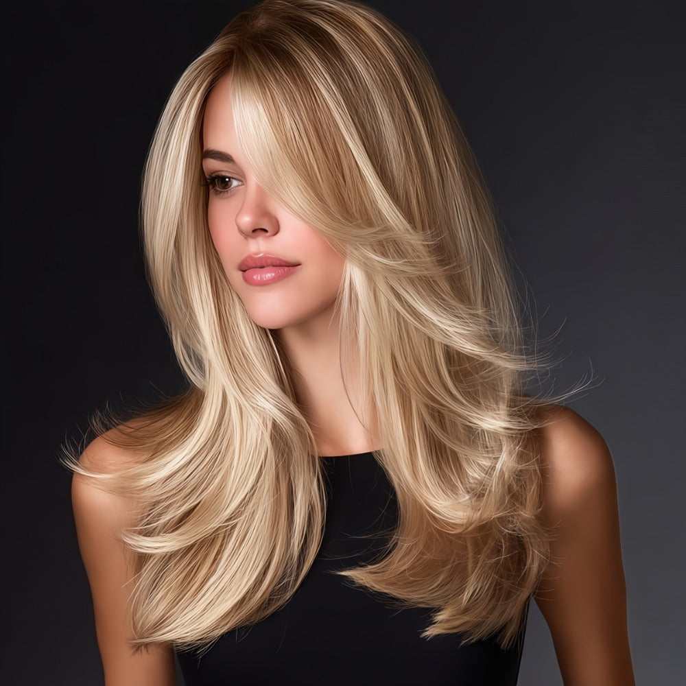 Platinum Blonde Ombre Synthetic Wig Layered Straight 20 Inch Long | Lightweight Chemical Fiber, Hairnet Included | Women Daily Wear Party Cosplay Festival Halloween - product image 3