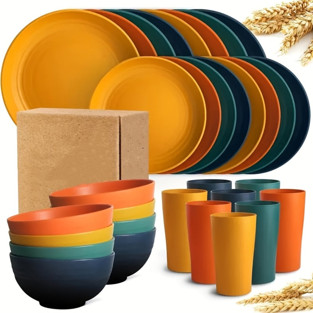 32pcs Wheat Straw Dinnerware Set for 8 - Unbreakable Plastic Plates Bowls Cups Set, Lightweight BPA-Free PP Tableware for Picnic Camping Outdoor, Modern Round Dishware for Home Par - product image