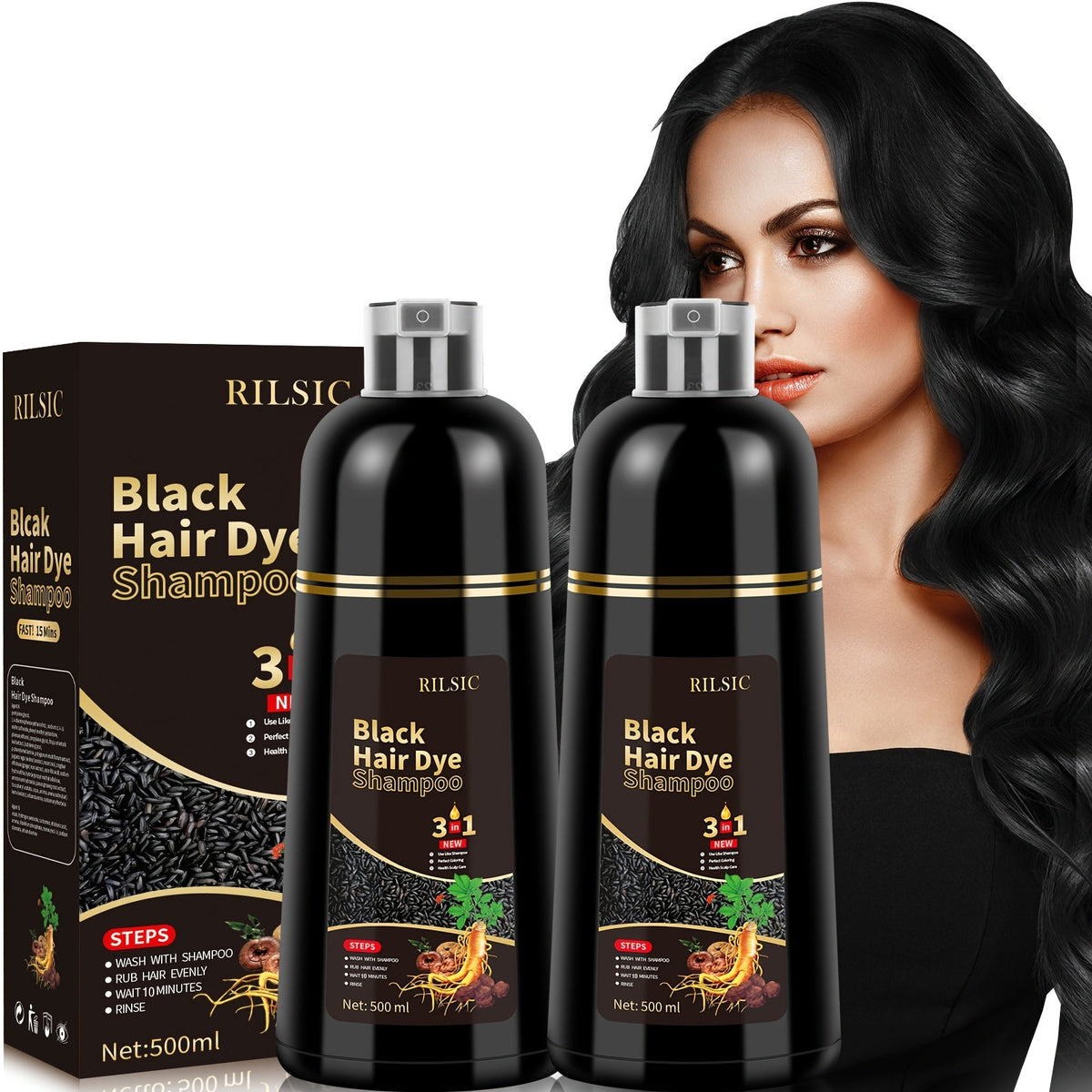 Grey Hair Coverage Shampoo 2 Pack 3-in-1 Herbal Hair Dye Kit with Plant-Based Squalane Colors in Minutes Includes Gloves Earmuffs Headgear Shawl Black Dark Brown Chestnut 500ml Eac - product image 15