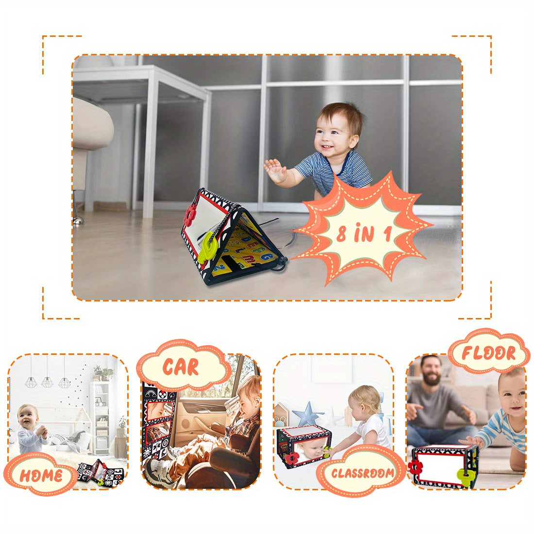 Double-Sided Tummy Time Floor Mirror with Teethers - Black & White High Contrast Baby Toys for Sensory Development, Crawling Aid with Interactive Animal & Geometric Patterns