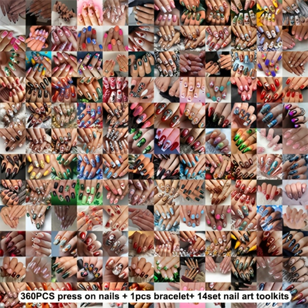 Fake Nails 375 Pieces Complete Kit – 360pcs Press On Nails + Bracelet + 14 Nail Art Tools | Almond Square Short Medium Glossy Gel Polish Pastel Neon Glitter Holographic Marble Flor - product image 3