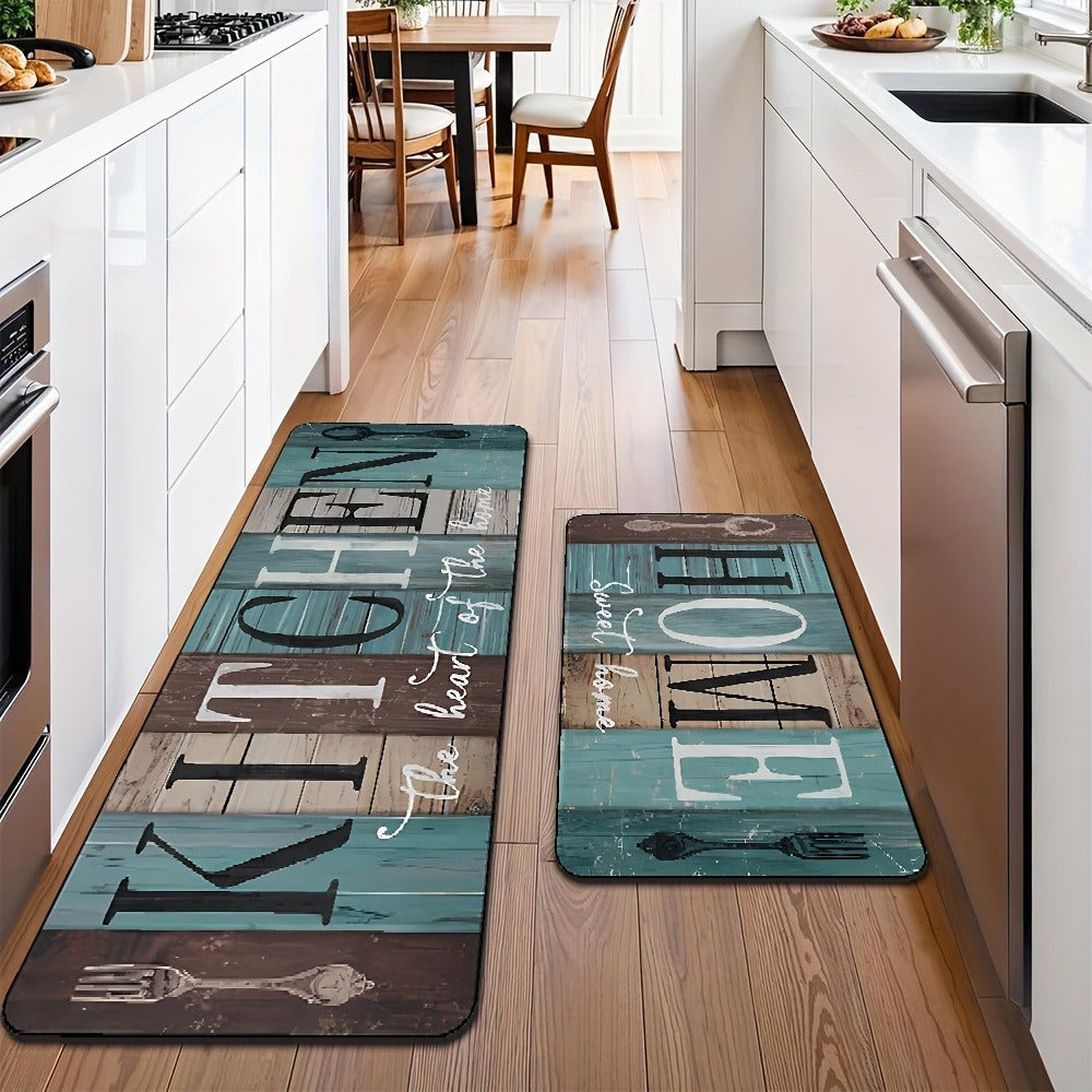 Diatomaceous Earth Kitchen Mat Set 2pcs - Non-Slip Anti-Fatigue Rug for Kitchen Bathroom Bedroom Hallway, Green Brown Wood Plank Pattern, Easy Clean - product image 2