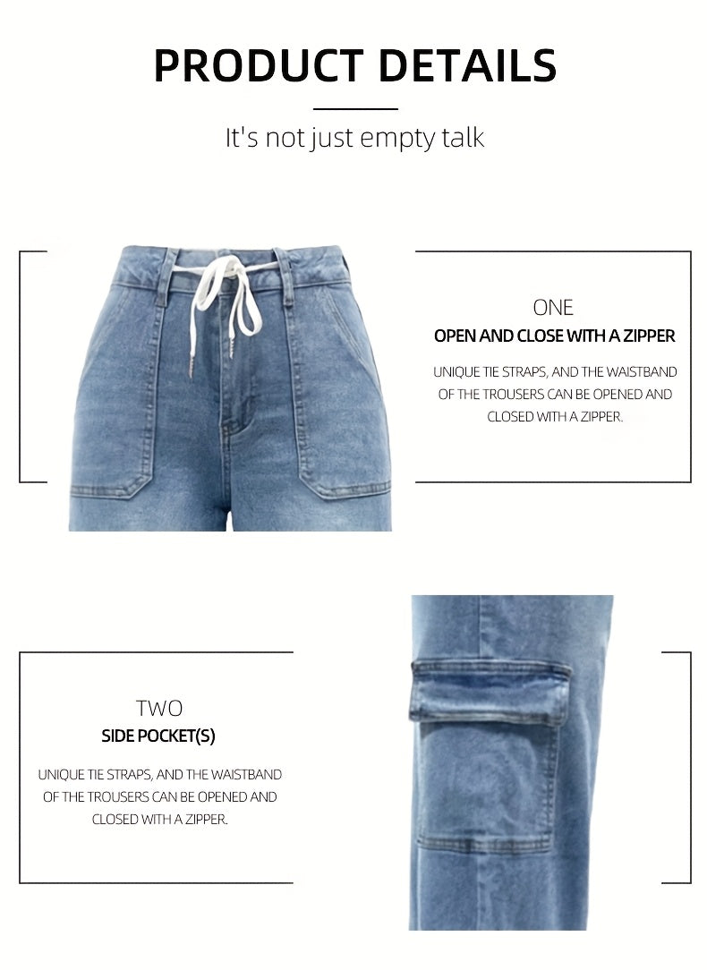 New Style Women's Leisure Straight-Leg Jeans with Laces and Multiple Pockets, Casual Fashion Denim Fabric Sweatpants Jeans Fit Women's Clothing - product image 6