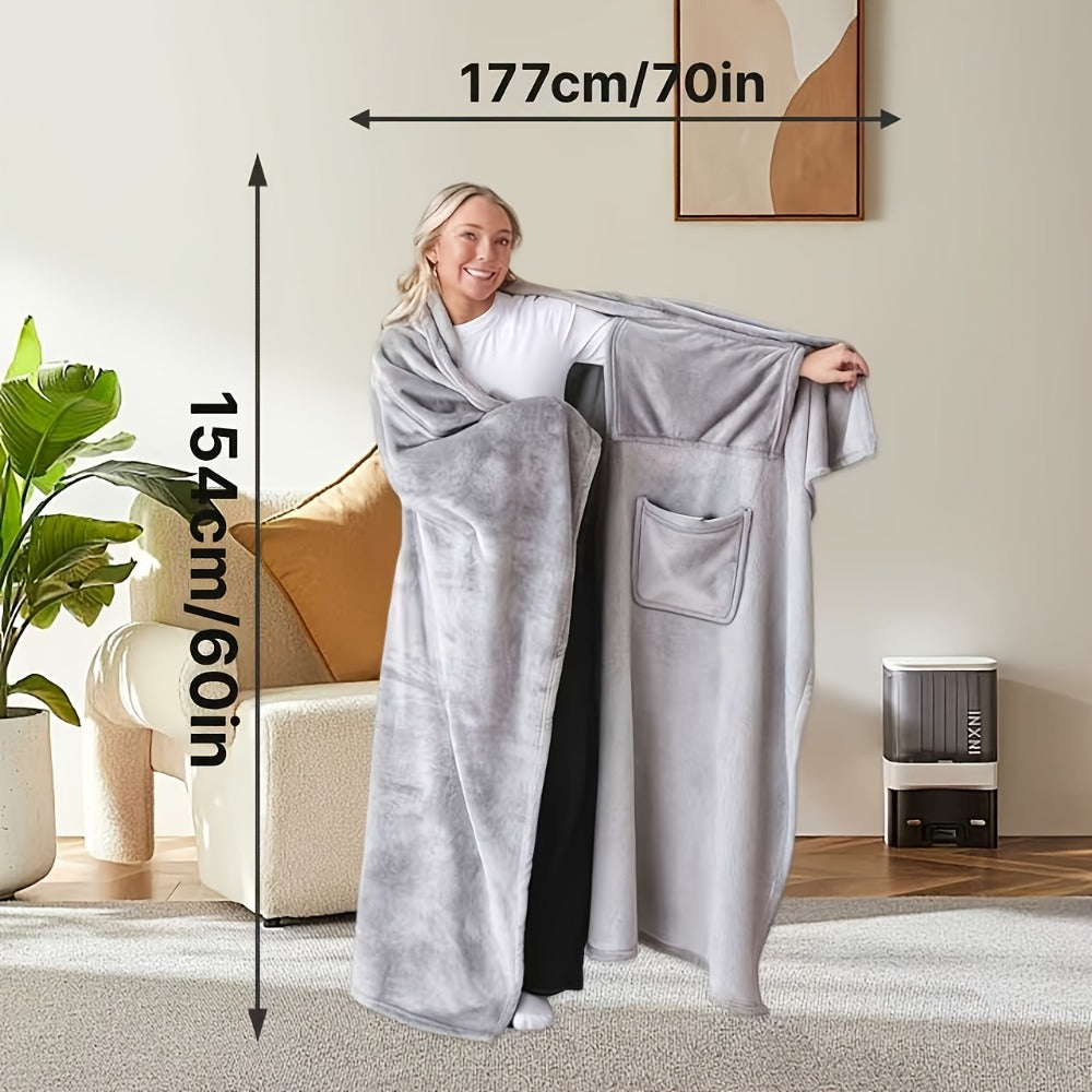 Wearable Blanket Shawl with Inner Pocket - Soft Flannel One-Piece Wrap for Adults Women Men, Cozy Sofa Travel Blanket Machine Washable, Grey Dark Blue Black - product image 4