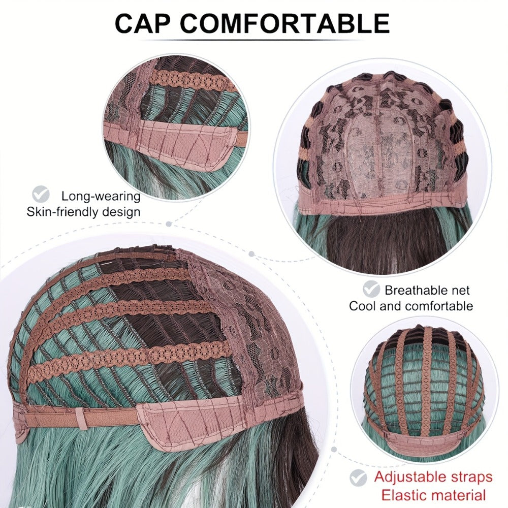 Ombre Synthetic Bob Wig with Bangs 150% Density 16 Inch Short Straight Rose Net Cap | Brown Black Wine Red Pink Green | Halloween Cosplay Party Music Festival - product image 7