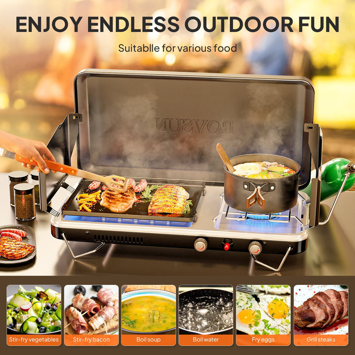 Camping Stove with Oven 2-in-1 – Camping, Backyard & Picnic Cooking – Portable Propane Double Burner 16, 000 BTU & Outdoor Oven Combo with Auto-Ignition & Thermometer