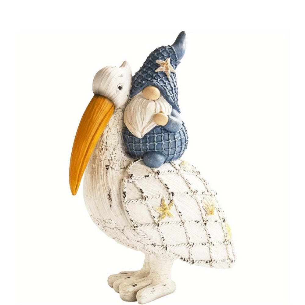 Pelican Gnome Figurine 11.5" – Resin Coastal Beach Decor with Starfish & Seashell, Tabletop Statue for Home, Garden & Poolside – Summer Gift & Nautical Decor - product image