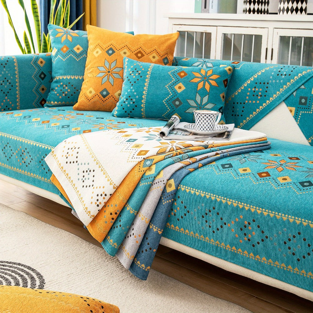 Bohemian Chenille Sofa Cover | Geometric Print Non-Slip Couch Slipcover, Thick Plush Boho Style, 1 to 4 Seat, Armrest & Backrest, Machine Washable, Sectional Sofa Protector - product image 40