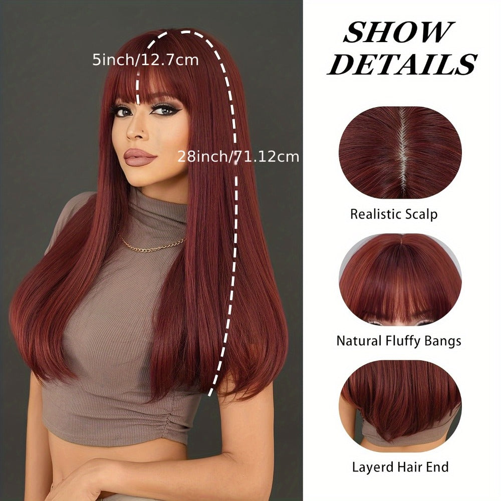 Long Straight Wig with Bangs Burgundy Wine Red 28 Inch Synthetic Heat Resistant Lightweight for Women Daily Wear Holiday Party Cosplay Halloween Natural Look Fashion - product image 4