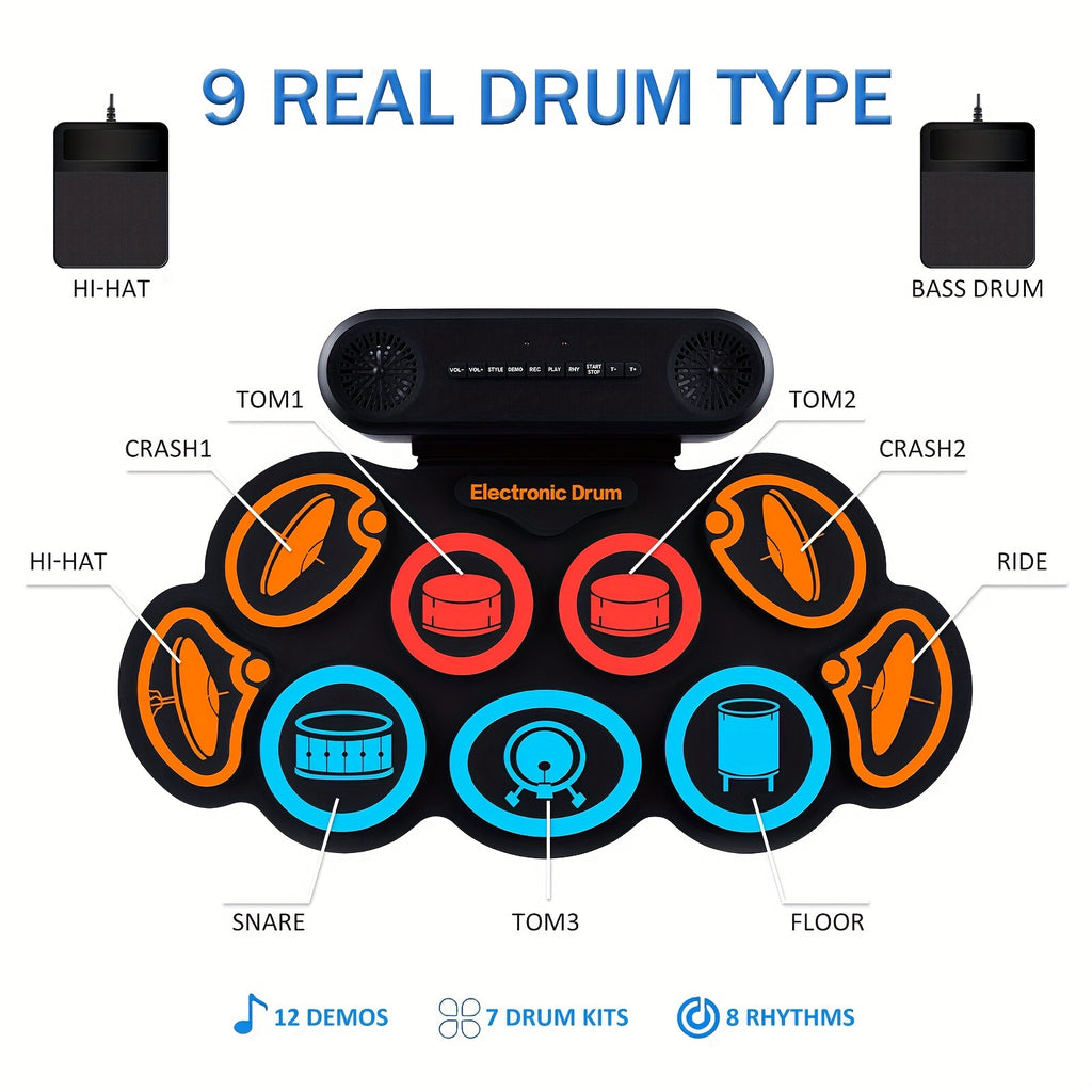 Electronic Drum Set, 9-Pads Roll-Up Electric Drum Pad Kit with Headphone Jack 10Hrs Playtime Built-In Speaker with Drumsticks Pedals, Xmas Birthday Gift for - product image 5