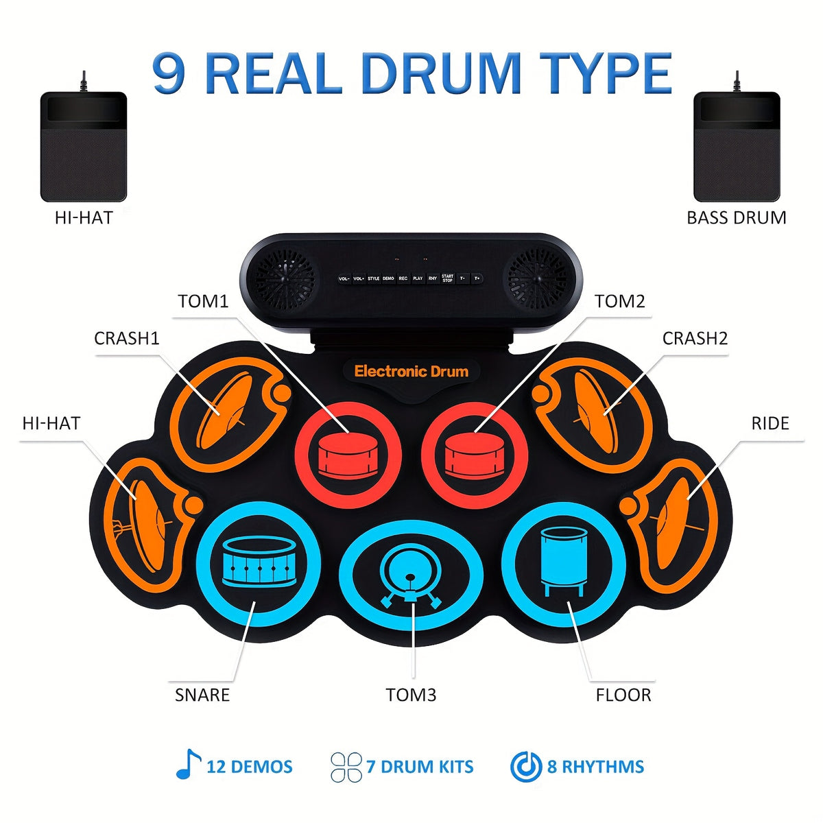 Electronic Drum Set, 9-Pads Roll-Up Electric Drum Pad Kit with Headphone Jack 10Hrs Playtime Built-In Speaker with Drumsticks Pedals, Xmas Birthday Gift for - product image 5