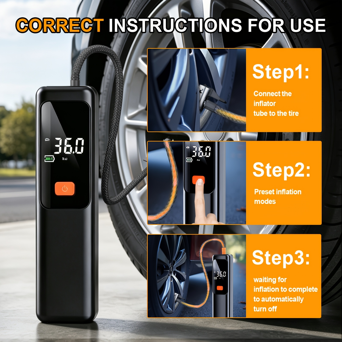 Wireless Cordless Design, High-Power Fast Inflation, Auto Preset PSI, Multiple Nozzles for Car, Motorcycle, Bicycle, Basketball, Football & Volleyball - product image 7
