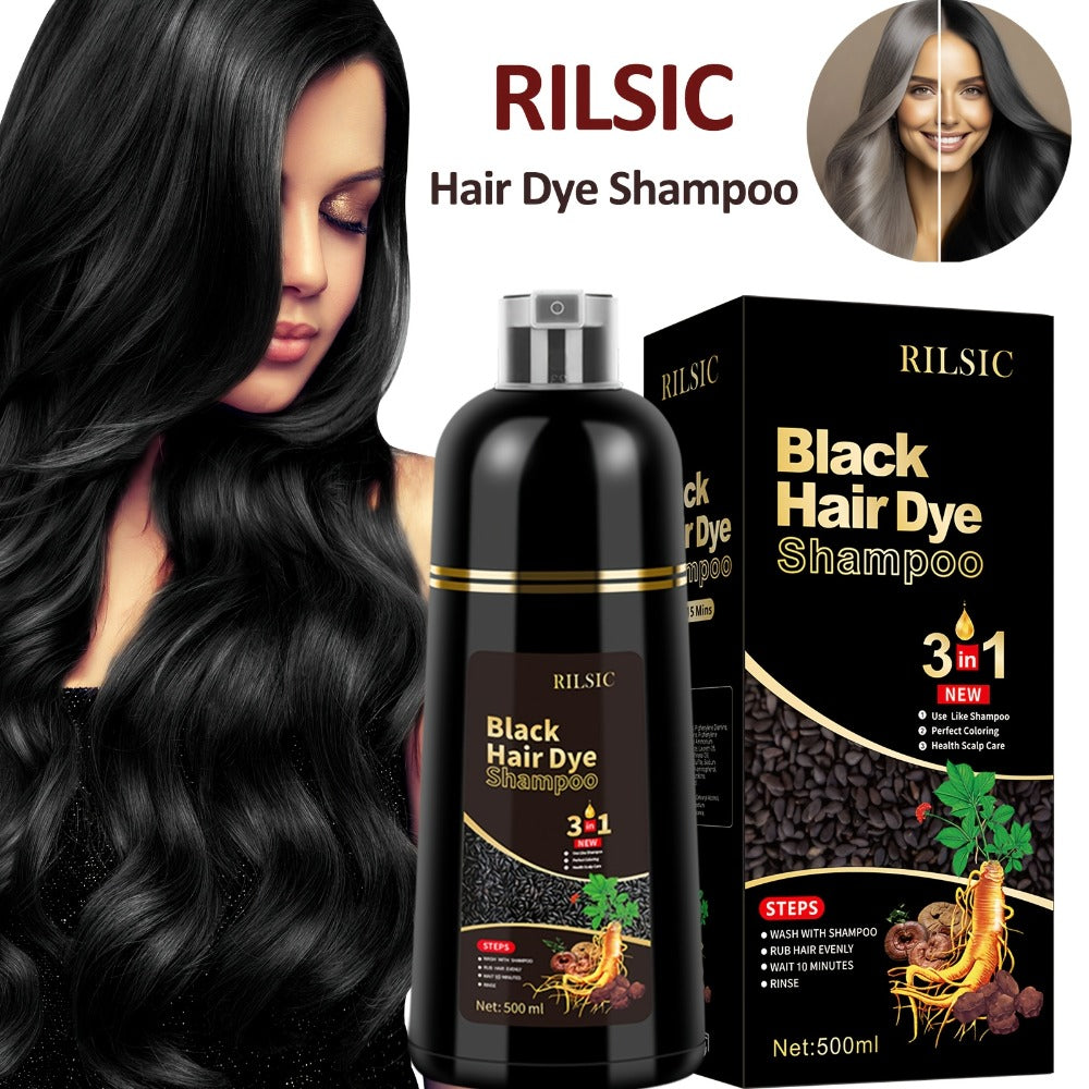 RILSIC 3-in-1 Gray Hair Color Shampoo with Plant Squalene — 100% Gray Coverage Wash & Condition Instant Results, No Mix No Ammonia, 16.91oz / 500ml for Women & Men All Hair Types - product image