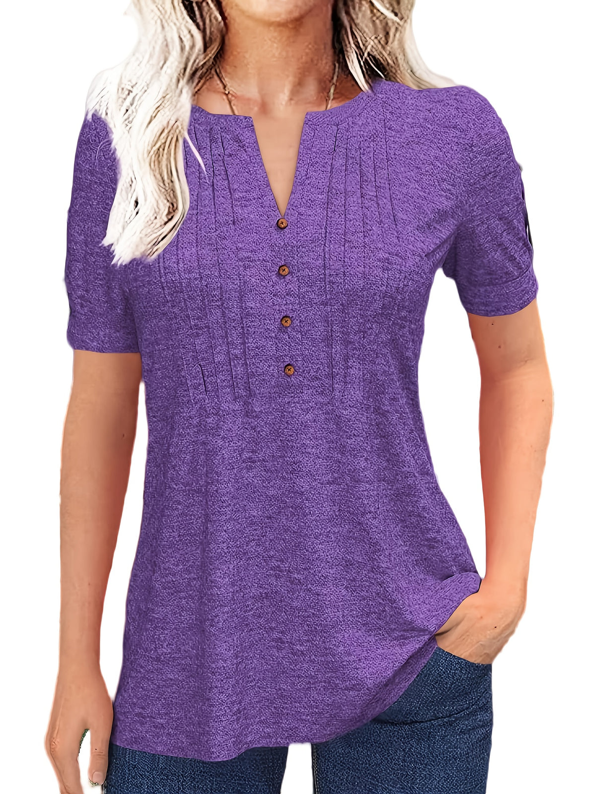 Casual Short-Sleeve T-Shirt for Women, Featuring a Pleated Design and V-Neck in Solid Colors, Perfect for Summer - product image 28