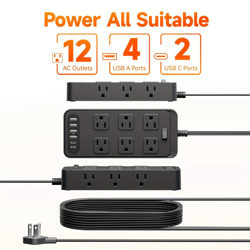 Charging Station Power Strip 18-in-1 with 12 AC Outlets 4 USB-A 2 USB-C Ports Surge Protector Flat Plug 5FT PVC Extension Cord Fire-Resistant for Home Office Travel Desk White Blac - product image 9